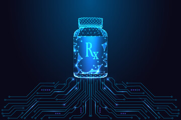 Digital glowing RX medicine bottle on circuit board, futuristic pharmacy tech vector illustration