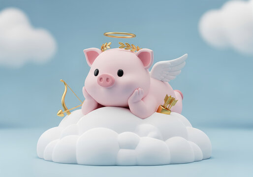 Fantasy pink pig as Cupid, relaxing on a cloud under a blue sky - Powered by Adobe