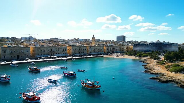 Aerial Drone View of a Picturesque Maltese Harbor with Colorful Fishing Boats on a Sunny Day