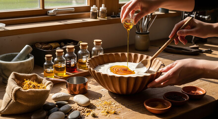 A close-up shot of a person pouring natural oils from small glass beakers into a creamy white soap base