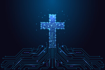 Glowing digital cross on circuit board, futuristic faith and technology concept vector art