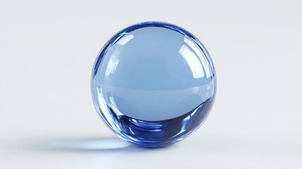 Blue glossy glass sphere on white, abstract clear transparent orb