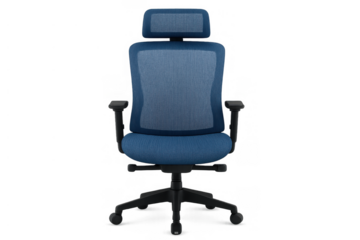 Ergonomic office chair, blue mesh upholstery and headrest, back support for home office. Transparent background