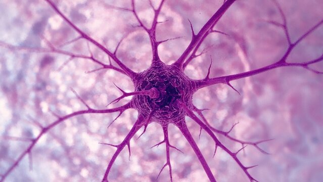 Neural cell with branching dendrites, microscopic view, biological and medical concept. The structure of nerve cells and connections. Cellular neurobiology illustration.