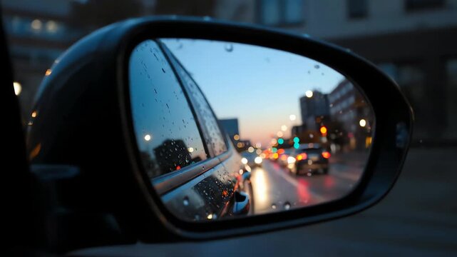 Reflection of a rainy city street with traffic and bokeh lights in a car's side mirror at dusk