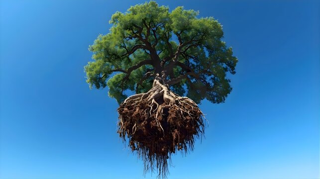 Uprooted tree floating in air with exposed roots