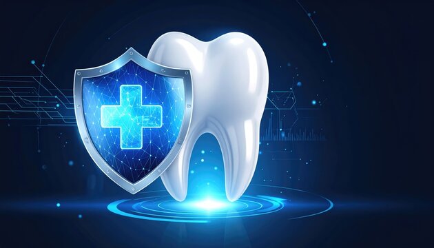 A digital representation of dental care concept showcases a pristine tooth is shielded by a virtual emblem, symbolizing oral health protection. - Powered by Adobe