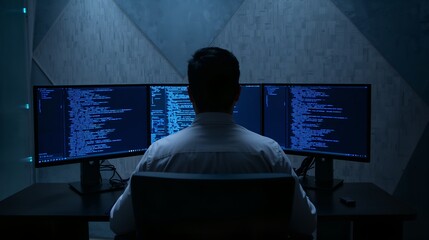 a person is working diligently at a computer terminal, engrossed in lines of code displayed on multiple screens, creating an atmosphere of technological immersion and focus