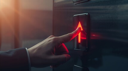 a person's hand pressing the upward elevator button. The illuminated arrow indicates the direction of travel