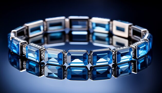 a close up macro shot of an elegant blue crystal bracelet with faceted rectangular beads resting on a reflective glossy surface