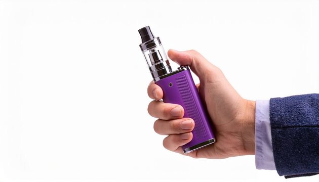 hand holding purple electronic vape cigarette isolated white background