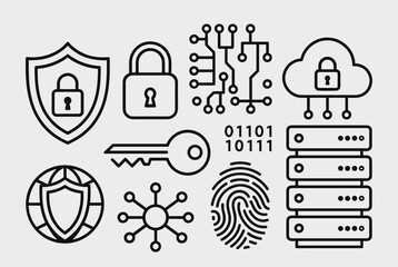 A collection of line art icons representing cybersecurity, data protection, and digital technology concepts.