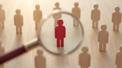 a red figure is being highlighted with a magnifying glass among many other figures. The lighting in the scene is soft, and it creates a visually appealing atmosphere 