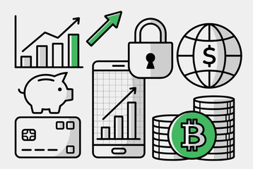 Collection of finance and business icons including charts, piggy bank, credit card, smartphone, padlock, globe, and cryptocurrency.
