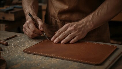 artisan hands meticulously working with leather, crafting a fine product, detailed handwork