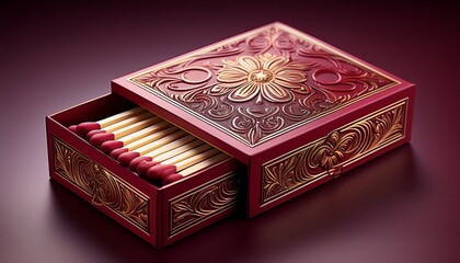 Fototapeta premium luxury matchbox with detailed design featuring a stylish burgundy box and distinctive logo perfect for promotional branding