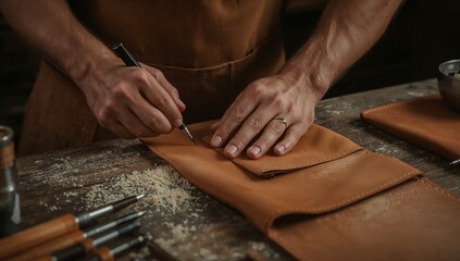 a person carefully working on a leather craft
