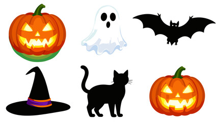 Fototapeta premium Halloween Icons Collection with Jack O Lantern Pumpkins, Ghost, Bat, Witch Hat and Black Cat Illustration 