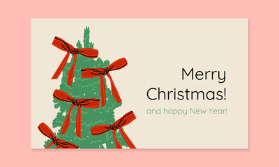 Christmas New Year ad banner with decorated bows fir tree . Winter holiday modern design for greeting card, invitation, sale  