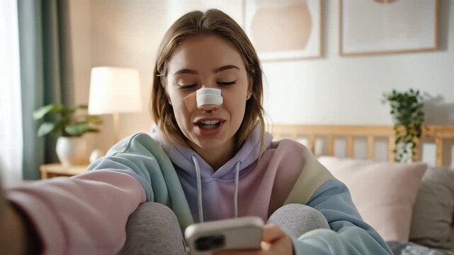 A young woman with a bandaged nose vlogging her recovery journey after rhinoplasty surgery in her cozy bedroom.