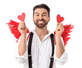 Obraz premium Man dressed as Cupid with hearts on white background. Valentine's Day celebration