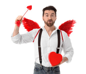Obraz premium Surprised man dressed as Cupid with heart and arrow on white background. Valentine's Day celebration