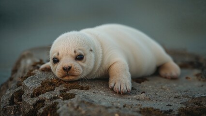 Naklejka premium A close-up of an adorable baby seal lying on a rocky surface outdoors.