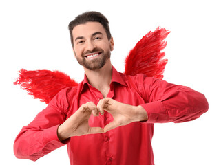 Obraz premium Man dressed as Cupid making heart with his hands on white background. Valentine's Day celebration