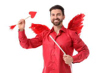 Obraz premium Man dressed as Cupid with bow and arrow on white background. Valentine's Day celebration
