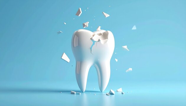 A close-up view of a cracked tooth. It depicts the fragile nature of teeth, reflecting themes of dental health and hygiene.