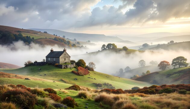 Illustration of a serene countryside landscape with a house on a hill surrounded by foggy rolling hills and trees at sunrise
