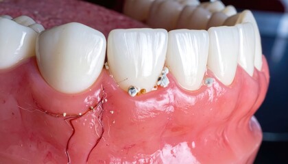 Close-up view of a dental model showing meticulously crafted teeth and gums. The intricate details of each tooth, from the gleaming enamel to the natural gum line.