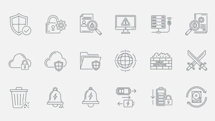 A comprehensive collection of outline icons representing digital security, data protection, network safety, and system management solutions for modern technological environments