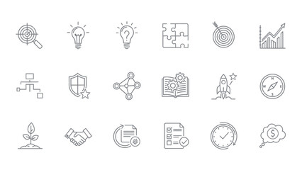 Collection of business and strategy icons representing concepts like planning, growth, teamwork, and innovation