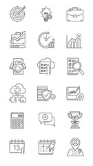 Diverse collection of line art icons representing business concepts, project management, and financial data analysis for digital presentations and professional workflows