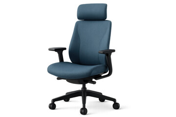 Fototapeta premium Ergonomic blue office chair with headrest and armrests, providing comfortable support for work or home office, transparent background