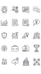 Business and technology icons, featuring elements of strategy, management, and success, presented in a clean, modern line art style