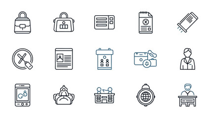 Clean and professional vector line icons for various business, travel, office, and digital interface needs, offering a diverse set of graphic elements for modern applications