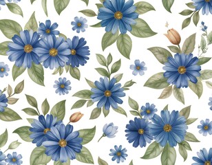 Obraz premium Illustration of beautiful blue flowers and green leaves isolated on white background in a seamless pattern design