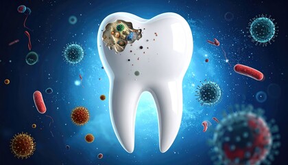 A detailed digital illustration showing a tooth ravaged by decay, surrounded by various microbes, highlighting the importance of oral hygiene and dental care.