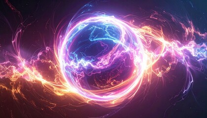 Fototapeta premium Vibrant abstract energy sphere glowing with electric light in shades of purple, blue, and orange, depicting a dynamic cosmic vortex, representing powerful future technology