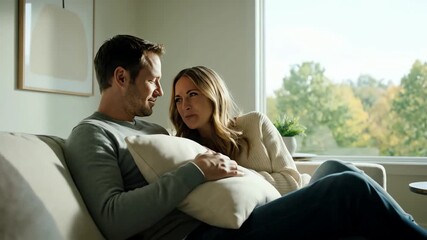 An affectionate couple in love cuddling and smiling on a sofa in a cozy living room