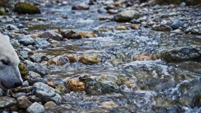 Sleepy polar bear cub yawns widely beside a babbling brook in a rocky natural environment