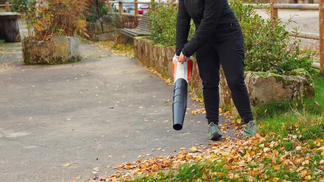 Gardener using a leaf blower cleaning autumn leaves in a park