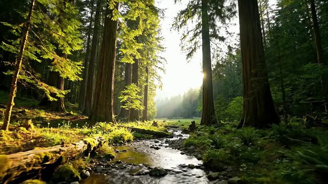 A tranquil stream flowing through a sunlit ancient redwood forest with beautiful morning light