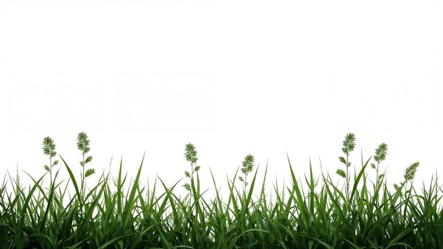 Green grass plants with seed heads on a white background.