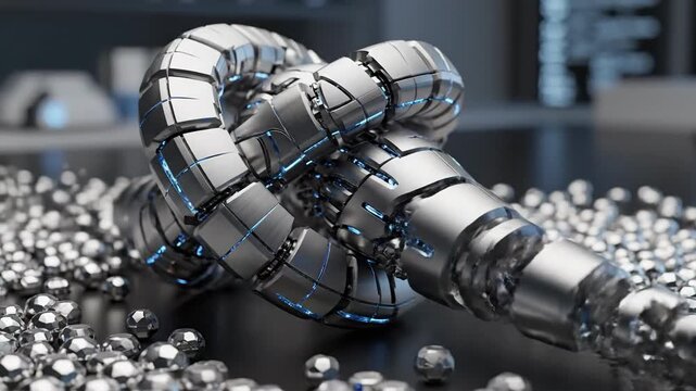 Intricate metallic structure self-assembling from nanoscale particles showcasing advanced nanotechnology