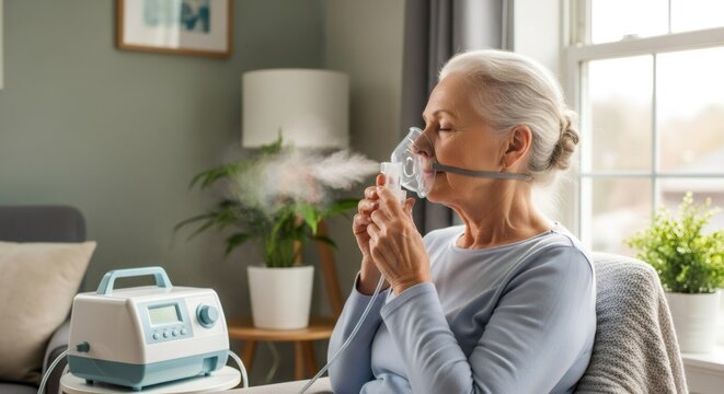 Senior woman with a nebulizer for respiratory illness at home. Healthcare and medical concept of asthma, lung disease, or chronic obstructive pulmonary disease.