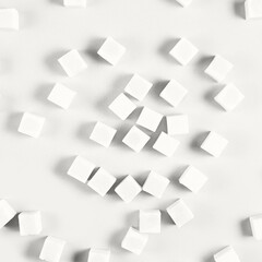 Naklejka premium White sugar cubes scattered on white background in random pattern creating geometric abstract art.