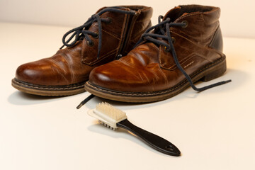 Cleaning Brown Leather Shoes with Brush – Footwear Care, Shoe Maintenance and Polishing at Home, Mens Style and Grooming Concept